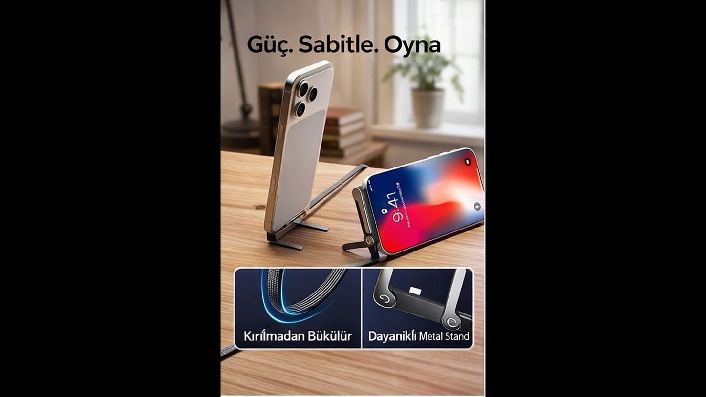 SnapCharge Standlı Hızlı Şarj Kablosu – Telefon Tutucu Özellikli, Pratik & Güçlü