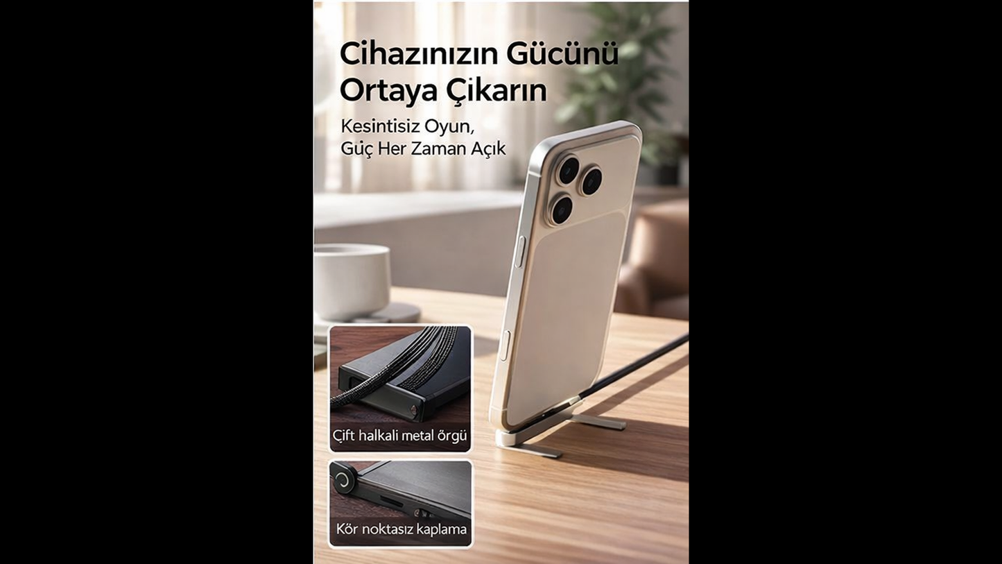 SnapCharge Standlı Hızlı Şarj Kablosu – Telefon Tutucu Özellikli, Pratik & Güçlü